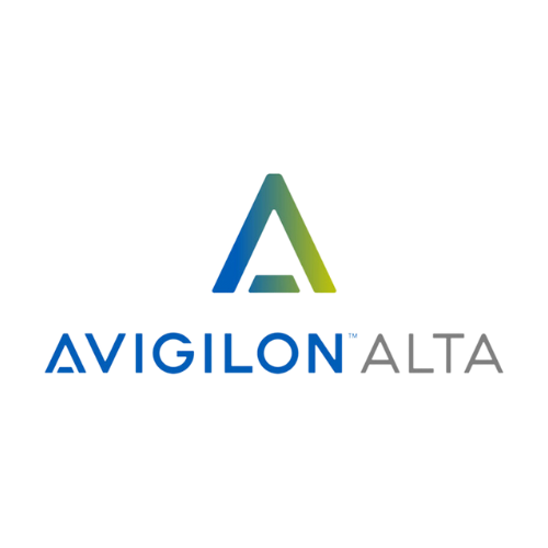 Avigilon Alta logo. Company name in blue and grey with logo symbol above.