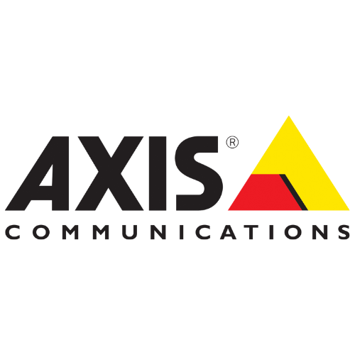 Axis Communications logo. Company name written in black with a yellow and red 