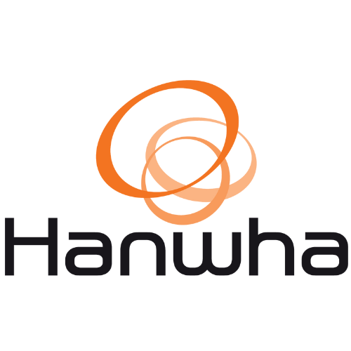 Hanwha logo. Company name written in black with orange logo symbol above it.