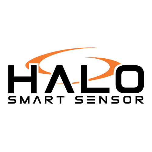Halo smart sensor logo. Company name written in black with decorative orange design behind it.