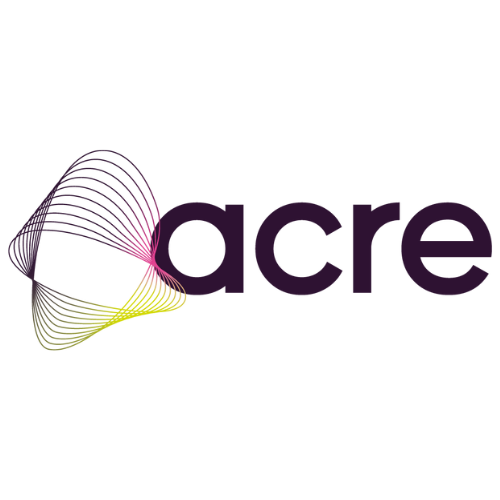 Acre logo. Company name in purple with symbol to its left.