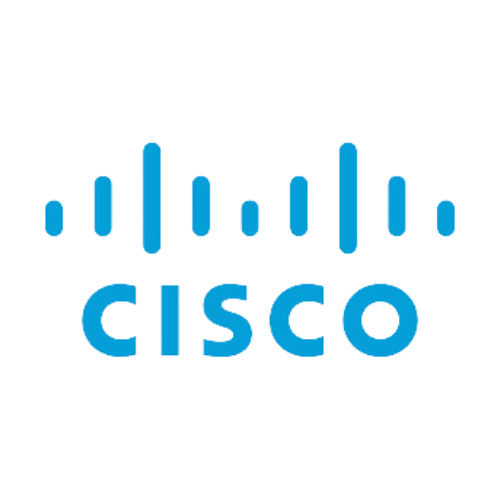 Cisco logo. Company name written in light blue with decorative visuals above. 