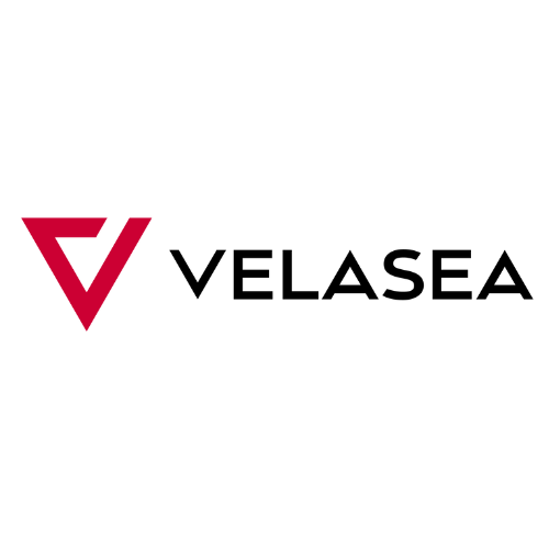 Velasea logo. Company name written in black with Red logo to its left.