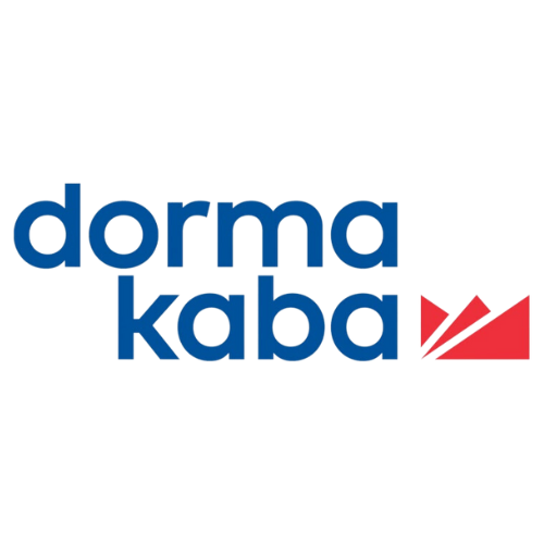 DormaKaba Logo. Company name written in blue with red symbol beside it.