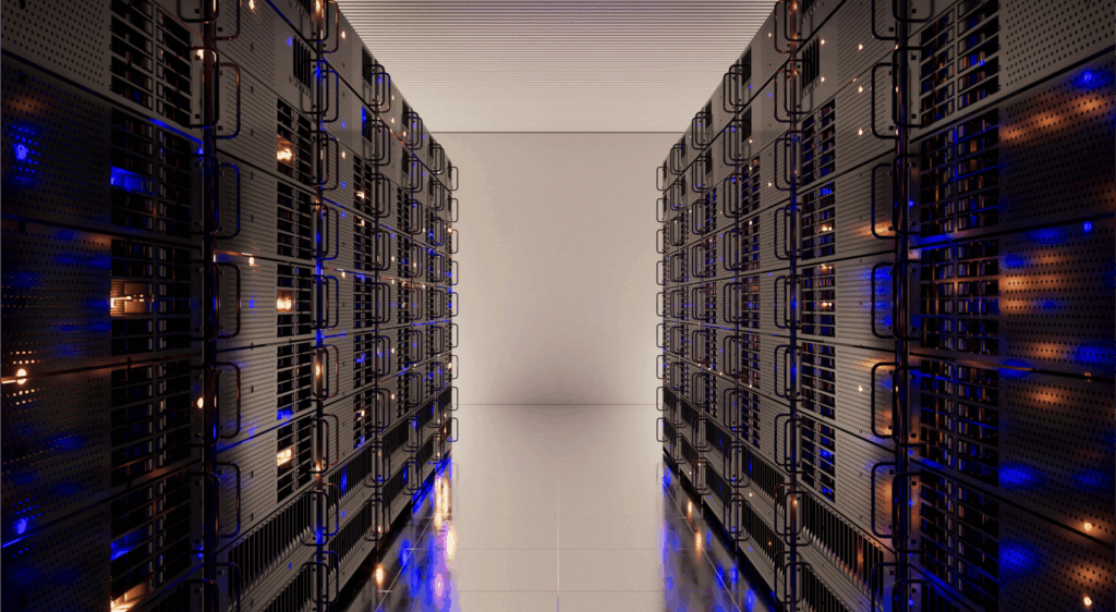 ecure data center with rows of glowing server racks, symbolizing hybrid cloud security, on-prem infrastructure, and cloud-based systems.