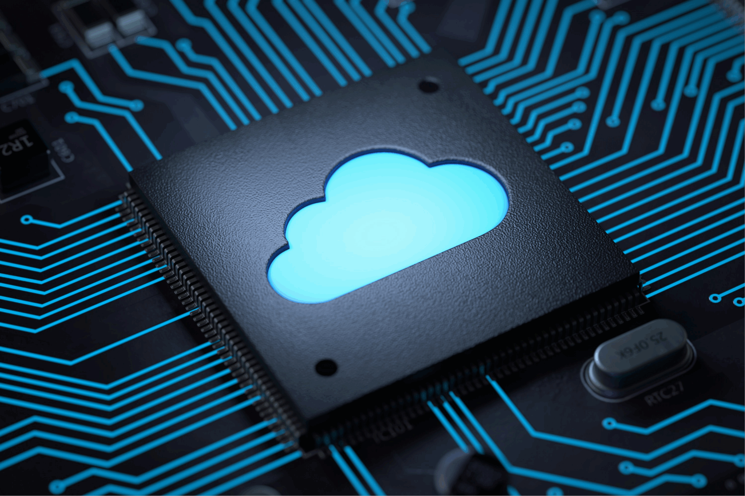 Cloud icon glowing on a microchip circuit board, representing hybrid access control technology.
